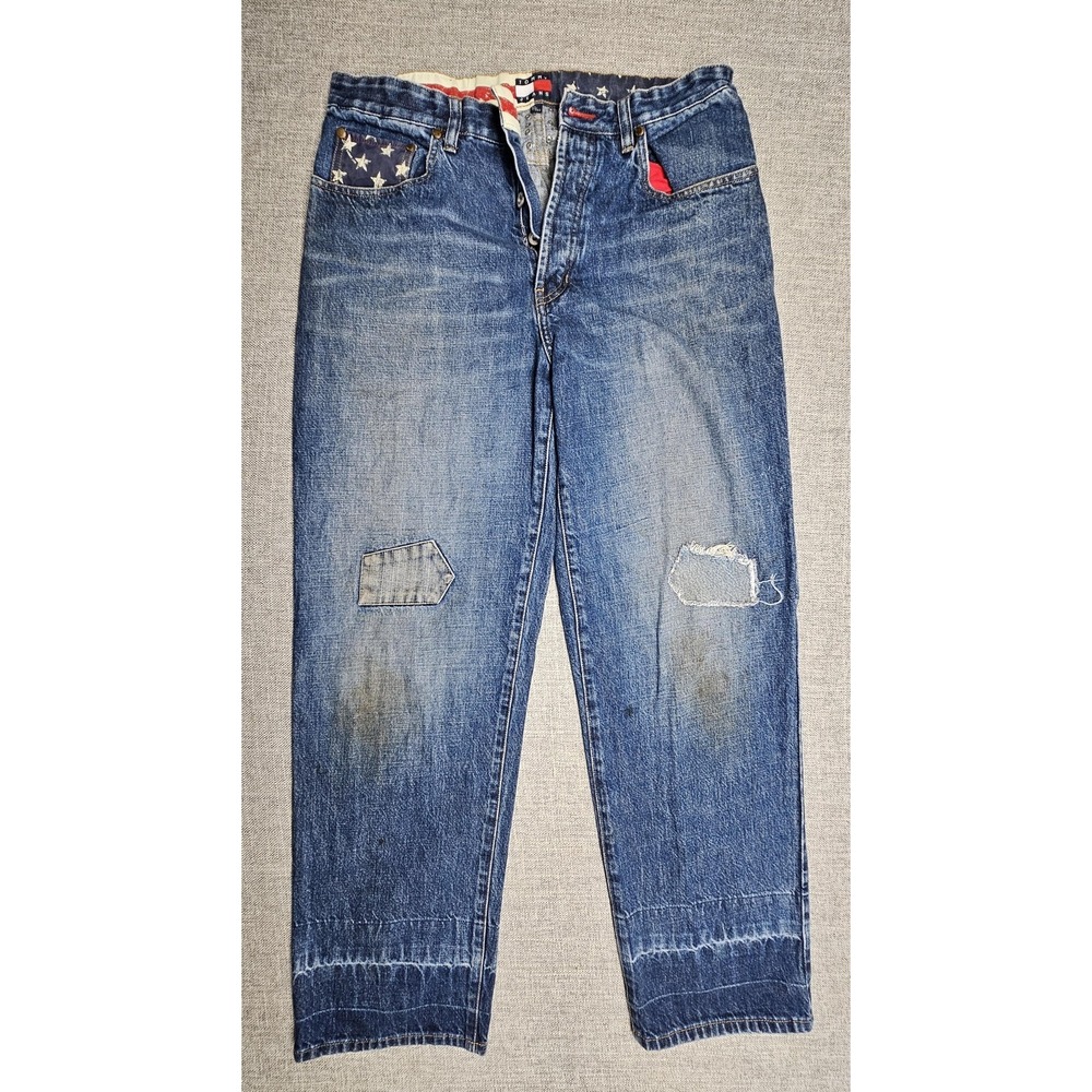 Tommy Jeans Mens Jeans 33x32 Distressed Studded American Flag Patch Denim Pants
